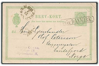 5 øre helsagsbrevkort fra Kjøbenhavn annulleret med svensk skibsstempel Från Danmark og sidestemplet PKXP No. 67E d. 25.7.1891 til Sandefjord, Norge. Folder.