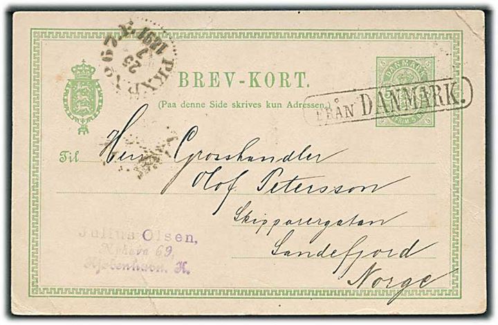 5 øre helsagsbrevkort fra Kjøbenhavn annulleret med svensk skibsstempel Från Danmark og sidestemplet PKXP No. 67E d. 25.7.1891 til Sandefjord, Norge. Folder.