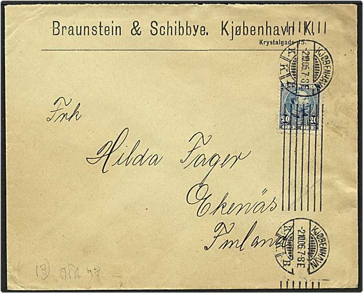 20 øre blå Chr. IX singelfrankatur på brev fra København d. 2.10.1906 til Ekenäs, Finland.
