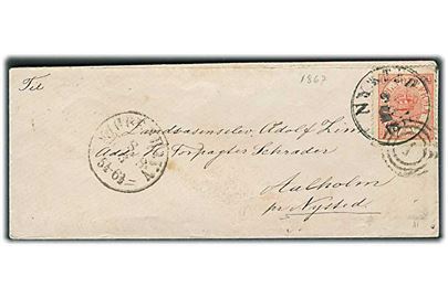 4 sk. Krone/Scepter på brev annulleret med nr.stempel 1 og sidestemplet Kiøbenhavn d. 8.3.1867 til Aalholm pr. Nysted. Ank.stemplet Nysted d. 9.3.1867.