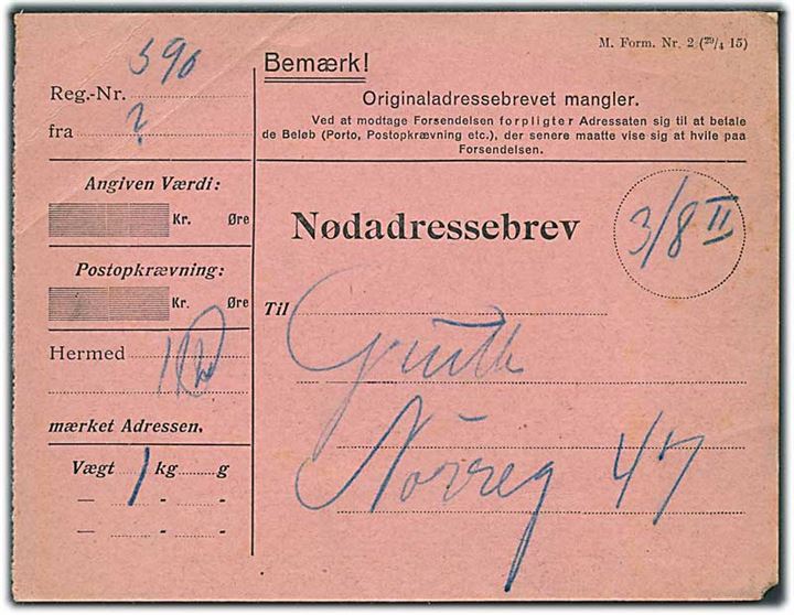 Nødadressekort M.Form. Nr. 2 (29/4 15) formodentlig anvendt i København.