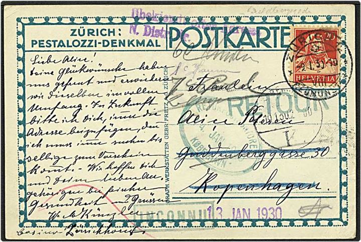 20 centimes på postkort fra Zürich, Schweiz, d. 9.1.1930 til København. Ubekendt efter adressen.