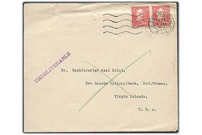 20 øre Chr. X i parstykke på brev fra København d. 16.2.1946 til St. Thomas, Virgin Islands, USA. Retur med stempel Undeliverable.