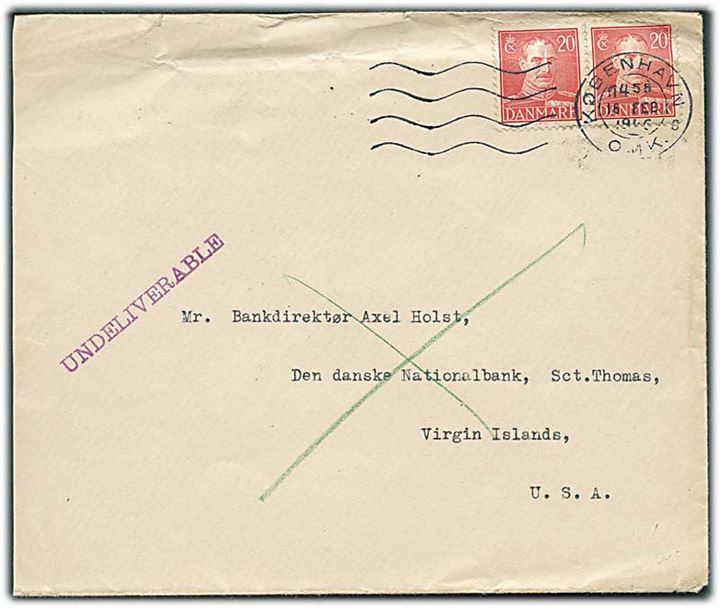 20 øre Chr. X i parstykke på brev fra København d. 16.2.1946 til St. Thomas, Virgin Islands, USA. Retur med stempel Undeliverable.