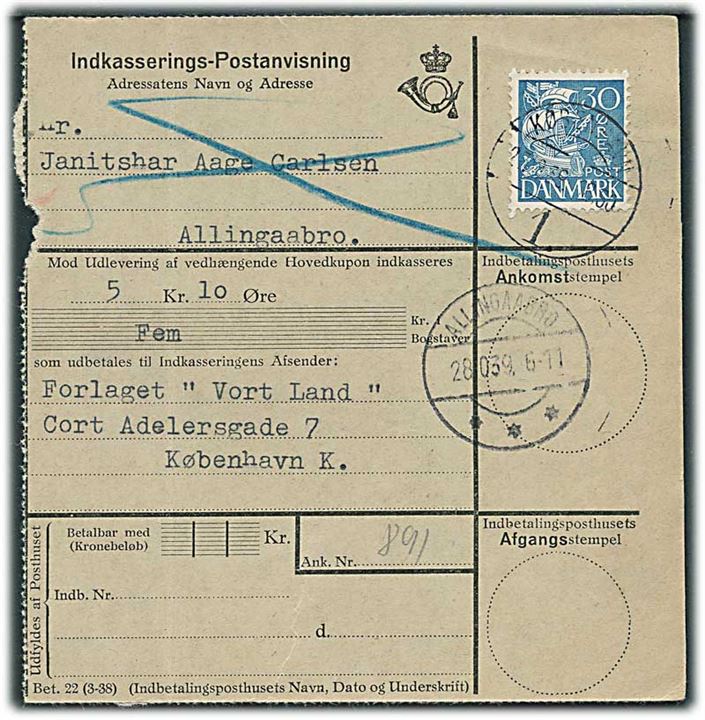 30 øre Karavel på retur Indkasserings-Postanvisning fra København d. 27.3.1939 til Allingaabro.
