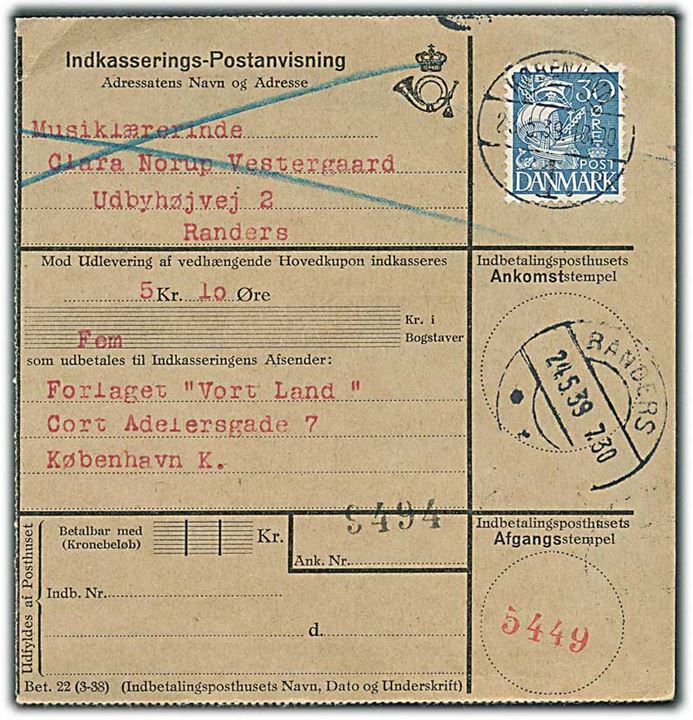 30 øre Karavel på retur Indkasserings-Postanvisning fra København d. 23.5.1939 til Randers.