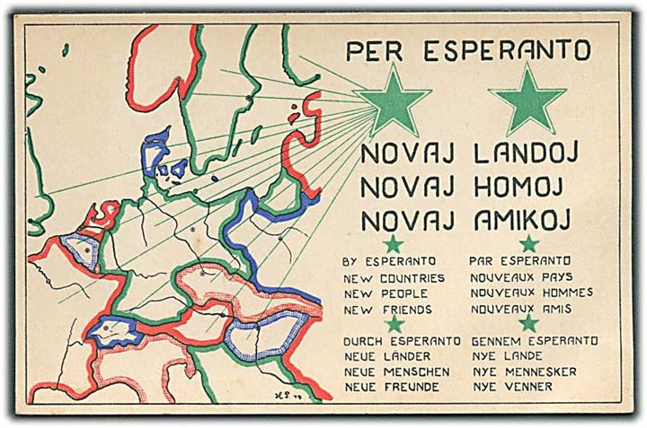 Per Esperanto. Novaj Landoj. Gennem Esperanto. Nye Lande. Nye Mennesker. Nye Venner. Herm. Petersen no. 1108.