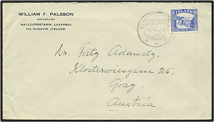 35 aur blå på brev fra Island d. 9.x.1935 til Graz, Østrig.