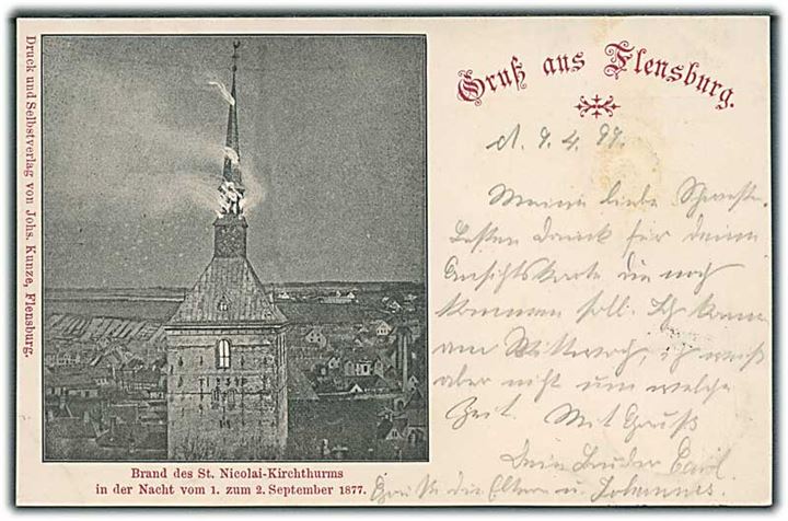 Gruss aus Flensburg. Branden i St. Nicolai Kirketårn om natten d. 1 - 2 september 1877. Johs. Kunze u/no.