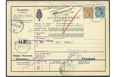 1,80 kr. porto på adressekort fra København d. 26.8.1916 til Tammerfors, Finland. Mærkerne med perfin H54 - Holger Petersen.