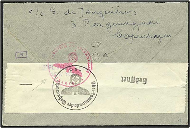 2,10 kr. porto på luftpost brev fra København d. 19.5.1941 til New York, USA. Tysk censur