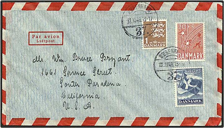 1,60 kr. porto på luftpost brev fra København d. 11.11.1948 til South Pasedina, USA.