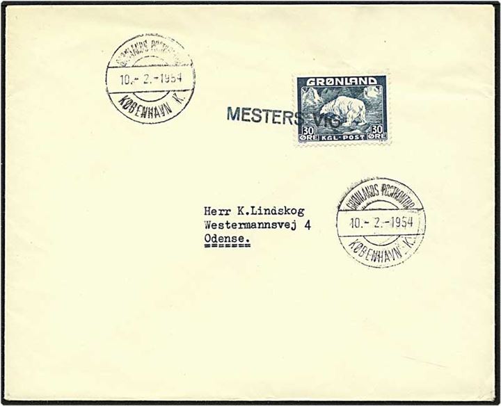 30 øre blå isbjørn på brev fra Mesters Vig d. 10.2.1954 til Odense. Mesters Vig liniestempel.