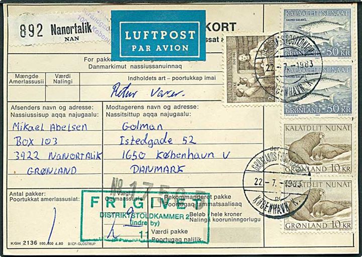2 kr. Bibliotek, 10 kr. Hvalros (2) og 50 kr. Skællaks (2) på adressekort for luftpost pakke fra Nanortalik annulleret Grønlands Postkontor København d. 22.7.1983 til København.