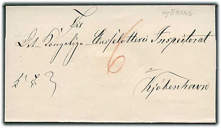 1854. Ufrankeret tjenestebrev med antiqua stempel Hjøring d. 27.1.1854 til Kjøbenhavn. Påskrevet 6 skilling porto.