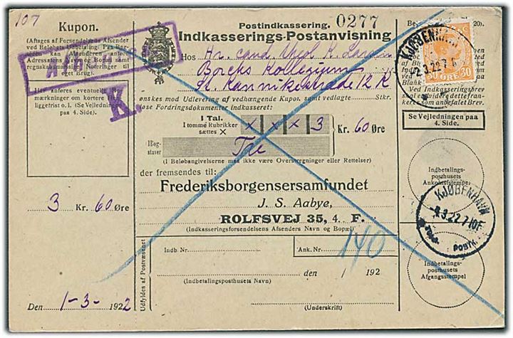 30 øre Chr. X på lokal retur Indkasserings-Postanvisning fra Kjøbenhavn d. 2.3.1922.  