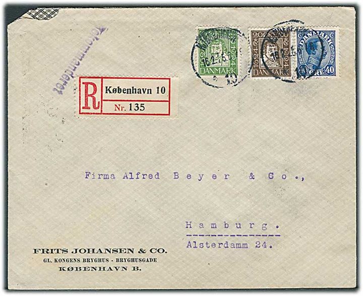 10 øre, 20 øre Chr. IV Postjubilæum og 40 øre Chr. X på anbefalet brev fra Kjøbenhavn d. 16.2.1925 til Hamburg, Tyskland.