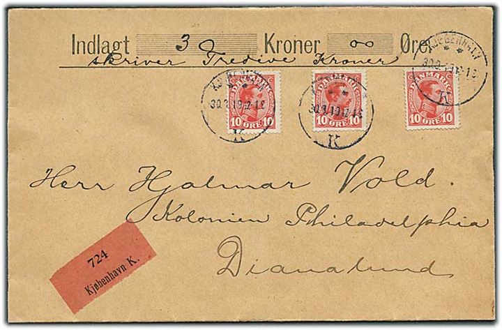10 øre Chr. X (3) på værdibrev fra Kjøbenhavn d. 30.9.1919 til Dianalund.