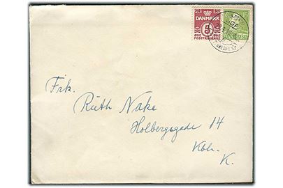5 øre Bølgelinie og 15 øre Chr. X på brev stemplet Den danske Brigade /5/ * i Tyskland * d. 29.8.1948 til København. Fra forlægningen i Wilhelmshafen.