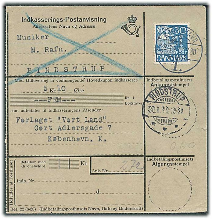 30 øre Karavel på retur Indkasserings-Postanvisning fra København d. 29.1.1940 til Pindstrup. Retur med brotype Ic Pindstrup d. 30.1.1940.