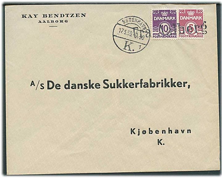 5 øre og 10 øre Bølgelinie på skibsbrev annulleret med liniestempel Fra Aalborg og sidestemplet København d. 17.5.1939 til København.
