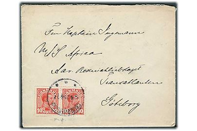 10 øre Chr. X i parstykke på brev fra Charlottenlund d. 2.4.1920 til kaptajn ombord på M/S Africa i Göteborg, Sverige.
