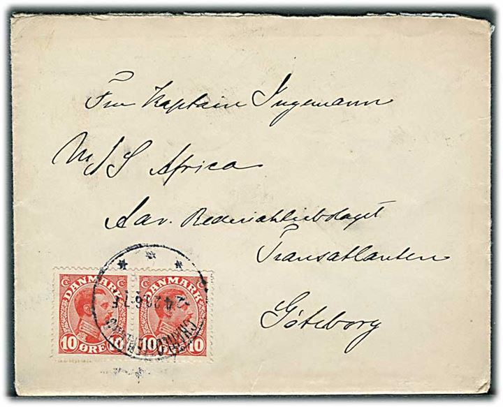 10 øre Chr. X i parstykke på brev fra Charlottenlund d. 2.4.1920 til kaptajn ombord på M/S Africa i Göteborg, Sverige.