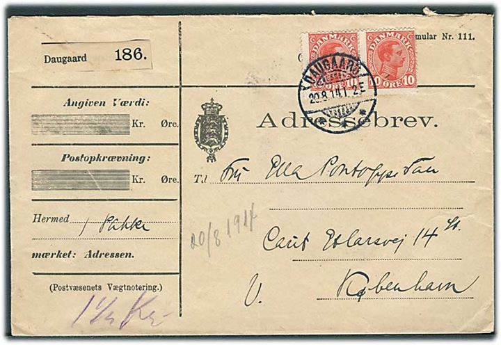 10 øre Chr. X i parstykke på adressebrev fra Daugaard d. 20.8.1914 til Kjøbenhavn.
