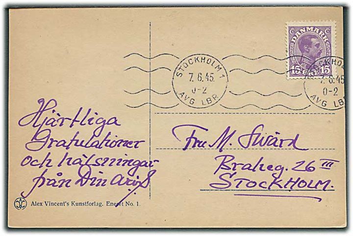 15 øre Chr. X på brevkort annulleret med svensk stempel Stockholm d. 7.6.1945 til Stockholm. Sjov sen anvendelse, efter mærket blev ugyldigt. Ikke udtakseret i porto.