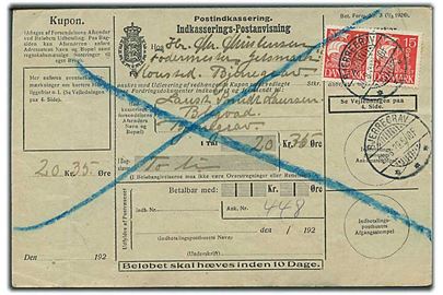 15 øre Karavel i parstykke på retur Indkasserings-Postanvisning sendt lokalt i Bjerregrav d. 24.8.1929.