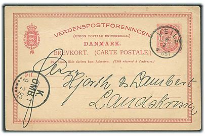 10 øre Våben helsagsbrevkort med lapidar Veile d. 8.2.1892 til Landskrona, Sverige.