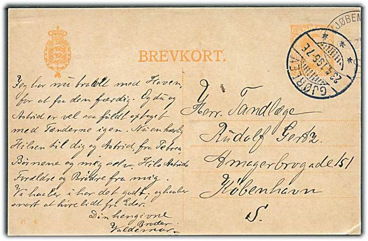 7 øre Chr. X helsagsbrevkort (fabr. 47-C) annulleret med brotype Ia Gjørlev d. 23.4.1919 til København.