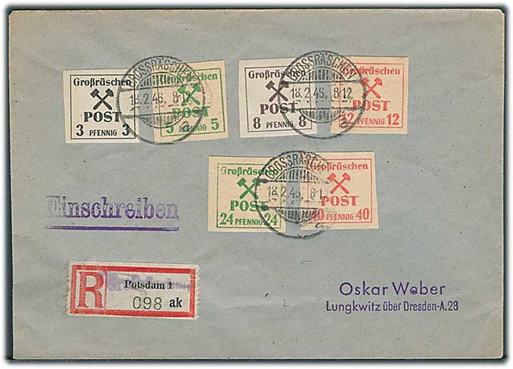 SBZ - Grossräschen. 3 pfg., 5 pfg., 8 pfg., 12 pfg. 24 pfg. og 40 pfg. Lokal udg. utakket på filatelistisk anbefalet brev fra Grossräschen d. 18.2.1946 til Lungwitz über Dresden.
