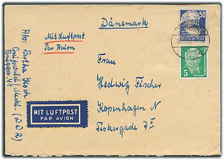 5 pfg. og 50 pfg. på luftpostbrev fra Greifswald d. 16.10.1952 til København, Danmark.