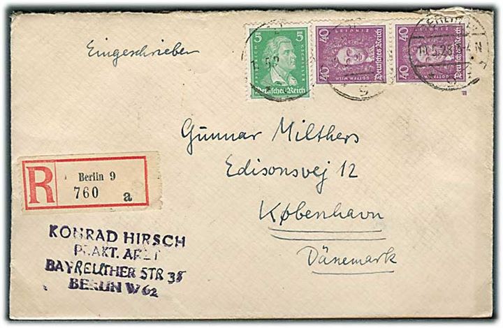 5 pfg. Schiller og 40 pfg. Leirniz (2) på anbefalet brev fra Berlin d. 10.5.1928 til København, Danmark.