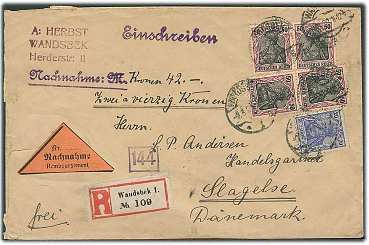 20 pfg. og 50 pfg. (4) Germania på anbefalet brev med opkrævning fra Wandsbek d. 9.8.1920 til Slagelse, Danmark.