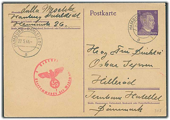 6 pfg. Hitler helsagsbrevkort fra Hamburg d. 22.5.1944 til Hillerød, Danmark. Tysk censur fra Hamburg.