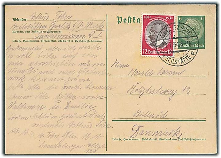 6 pfg. Hindenburg helsagsbrevkort opfrankeret med 12 pfg. Kolonialgedenkjahr fra Beelitz d. 11.7.1934 til Hillerød, Danmark.