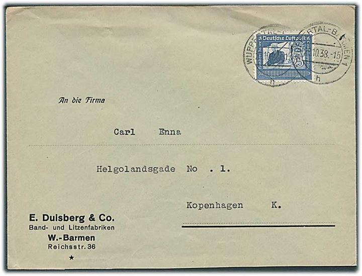25 pfg. Graf Zeppelin single på brev fra Wuppertal d. 22.10.1938 til København, Danmark.