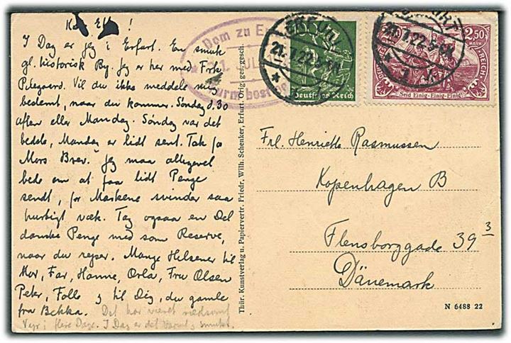 3,50 mk. frankeret infla brevkort fra Erfurt d. 21.7.1922 til København, Danmark.