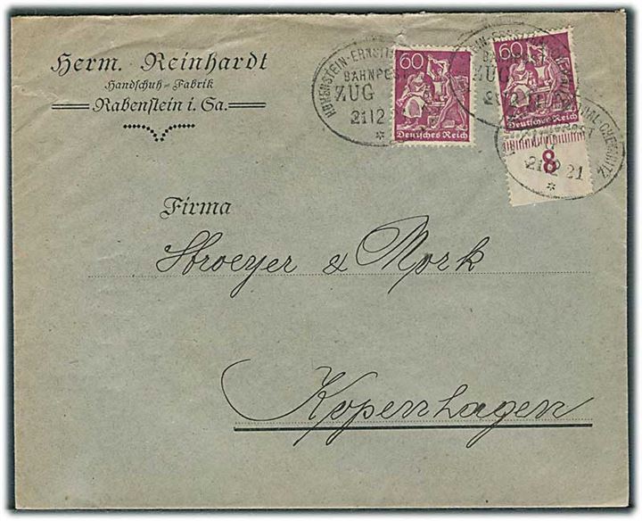 60 pfg. (2) infla udg. på brev fra Rabensteim annulleret med ovalt bureaustempel Hohenstein-Ernstthal-Chemnitz d. 21.12.1921 til København, Danmark.