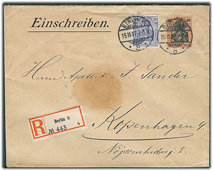 20 pfg. og 30 pfg. Germania på anbefalet brev fra Berlin d. 15.10.1907 til København, Danmark.