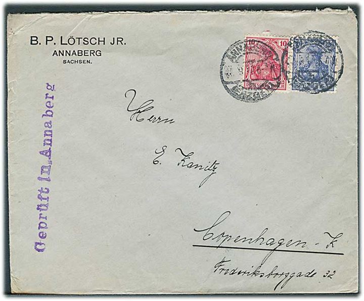 10 pfg. og 20 pfg. på brev fra Annaberg 1917 til København. Lokal censur. Geprüft in Annaberg.