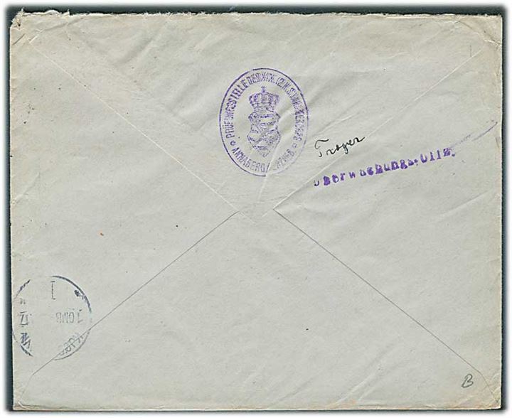 10 pfg. og 20 pfg. på brev fra Annaberg 1917 til København. Lokal censur. Geprüft in Annaberg.