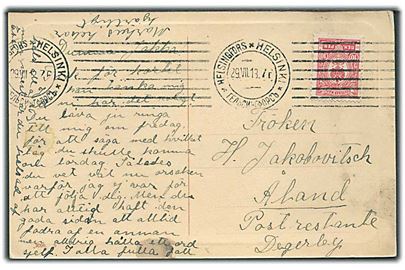 10 pen. Våben på brevkort fra Helsingfors d. 29.7.1913 til poste restante i Degerby, Åland.