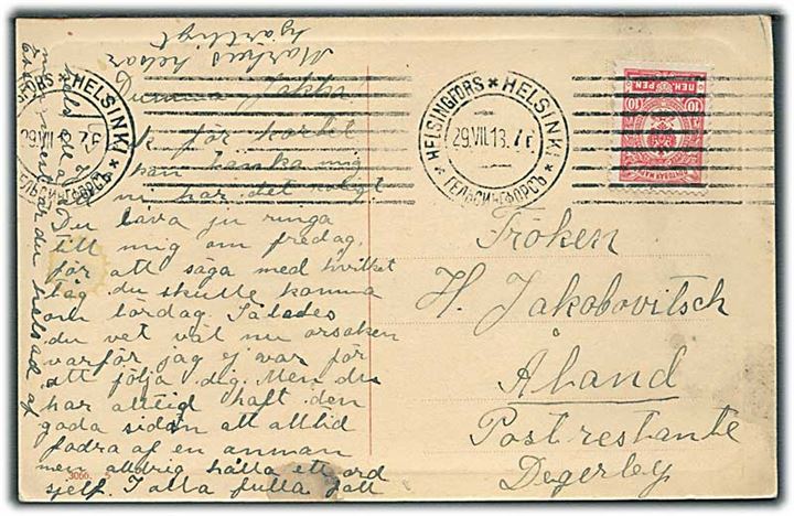 10 pen. Våben på brevkort fra Helsingfors d. 29.7.1913 til poste restante i Degerby, Åland.