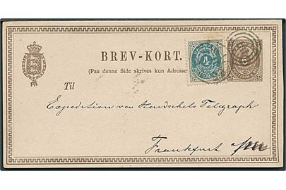 6 øre helsagsbrevkort opfrankeret med 4 øre Tofarvet fra Kjøbenhavn annulleret med kombineret nr.stempel 181/Sjæll.P.B. d. 16.1.1879 til Frankfurt, Tyskland.
