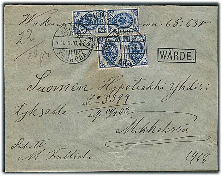 20 pen. Våben (4) på værdibrev fra Heinola d. 11.2.1903 til Mikkeli. På bagsiden 5 laksegl.