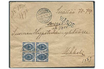 20 pen. Våben i fireblok på værdibrev fra Kangaslampi d. 30.1.1905 til Mikkeli. På bagsiden 5 laksegl.