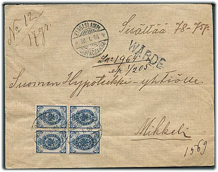 20 pen. Våben i fireblok på værdibrev fra Kangaslampi d. 30.1.1905 til Mikkeli. På bagsiden 5 laksegl.